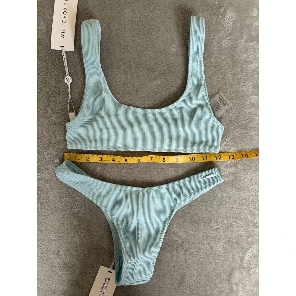 White Fox NWT Blue Swim Ribbed Palm Springs Bikini Top Del Marcos Bottom XS - Picture 3 of 7